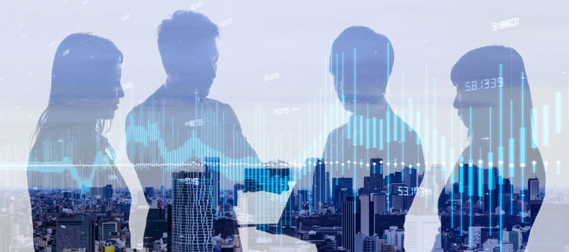 Double exposure of people and a city