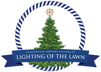 Lighting of the Lawn logo. An illustrated pine tree with Christmas lights inside of a blue and white striped circle with a blue banner.