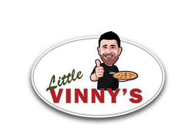 An illustrated man holds up a pizza and gives a thumb's up. Vinny's Pizza surrounds the illustrated man.