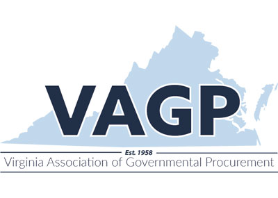 The state of Virginia in a light blue sits in the background. VAGP in dark blue letters are in front of the outline. Below says Virginia Association of Governmental Procurement