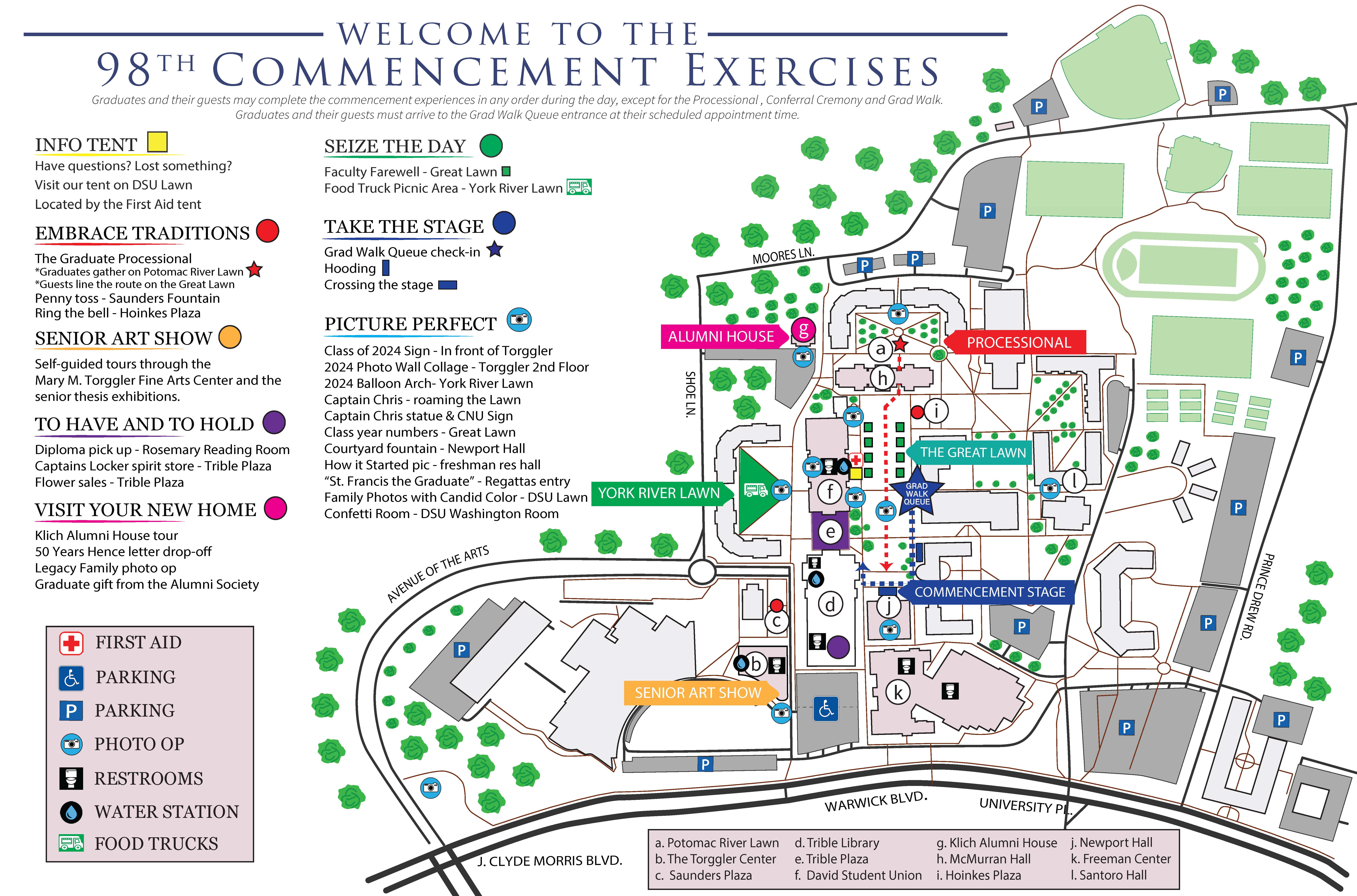 A campus map of Christopher Newport describing Commencement activities.