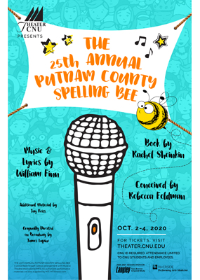The 25th Annual Putnam County Spelling Bee theater poster, an illustration of a microphone against a blue background with a cartoon bee flying next to ti