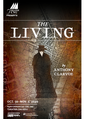 The Living theater poster featuring a person in a medieval plague mask against a map of London as the background