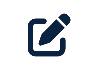 Dark blue icon of a pen and paper