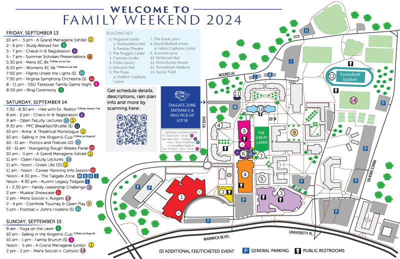 Map with locations and event titles for 2024 Family Weekend