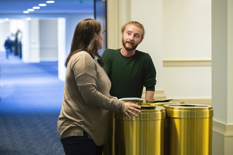 Jen Jones and James Duffy with new recycling and trash bins