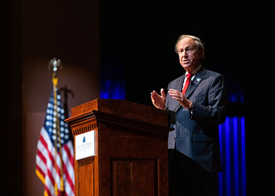 President Trible addresses faculty and staff during the annual State of the University Address.