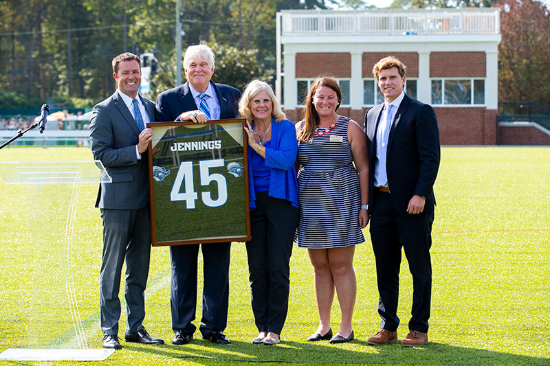 Left to right: Kyle McMullin, director of athletics; Bruce Jennings; Laurie Jennings; Lisa Valentine, women's lacrosse coach and Mikey Thompson, men's lacrosse coach