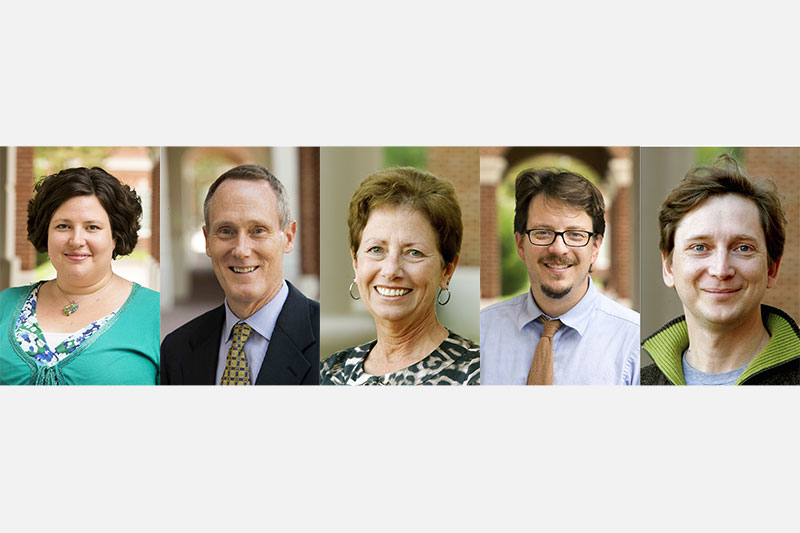 Faculty Excellence Award winners, from left: Charlotte Cartwright, William Donaldson, Jean Filetti, John Finn, John Nichols