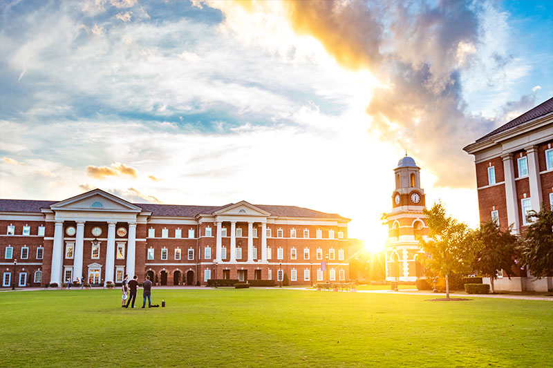 McMurran Hall and the bell tower at sunset