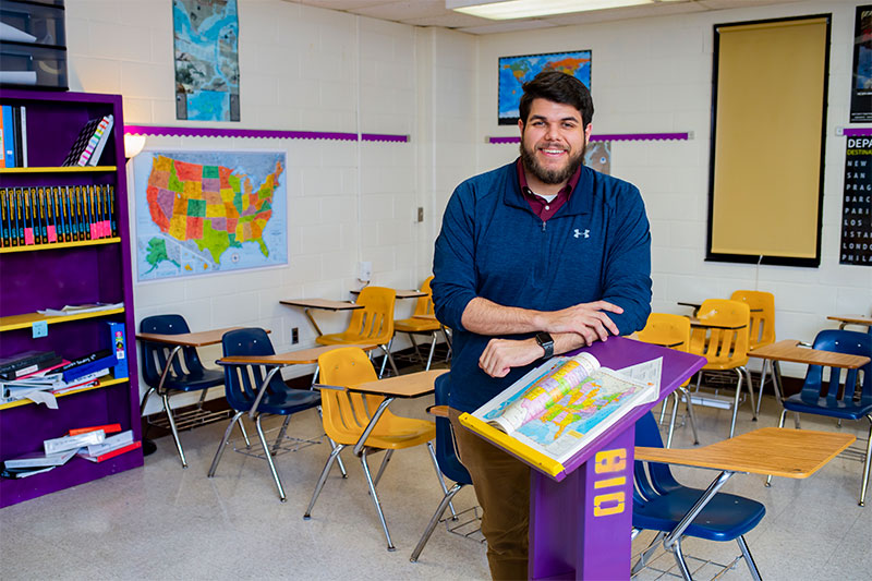 Richard Long '19 in his classroom at at Menchville High School in Newport News.