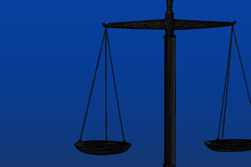 Graphic of scales of justice on a blue background