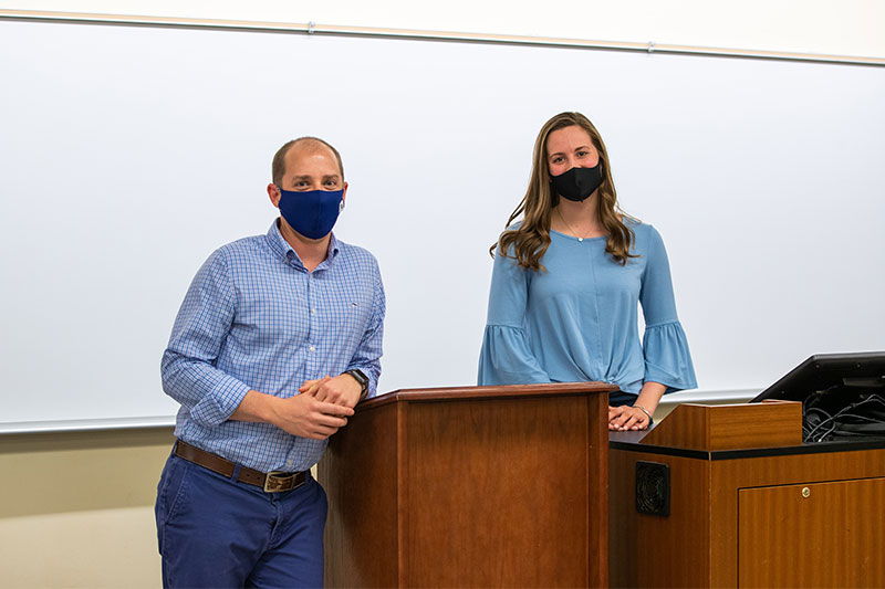 Tim Pressley (left) and Hannah Croyle in the classroom