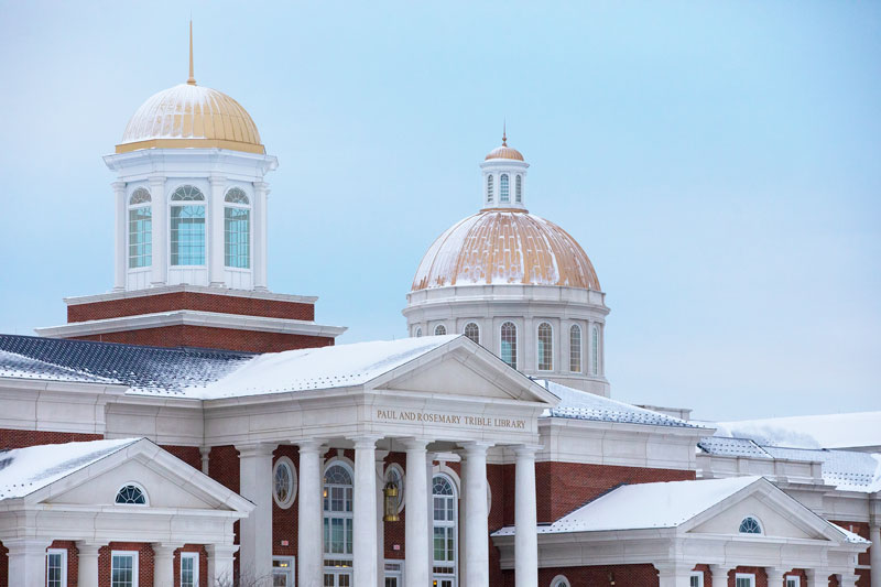 photo of Trible Library and Christopher Newport Hall in the snow.