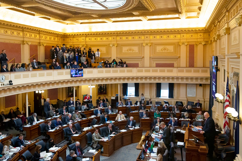 Photo of the Virginia House of Delegates in session, with CNU students in the gallery, standing and being recognized