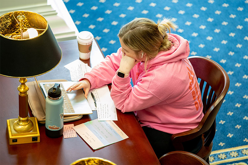 A student sits at a desk surrounded by a laptop, notes, books and their phone.