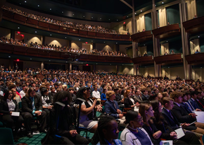 The Class of 2027 fill the Diamonstein Concert Hall before the Honors Convocation Ceremony.