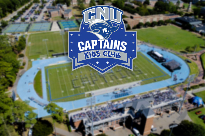 CNU Captains Kids Club logo sits on top of a blurred image of the football field.