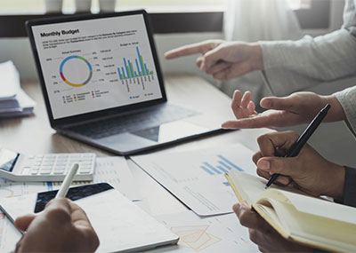People point at a laptop with a monthly budget pie chart and other graphs.