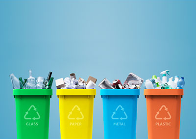 Four recycling bins labeled glass, paper, metal, and plastic.  Each one is filled with material matching its label.