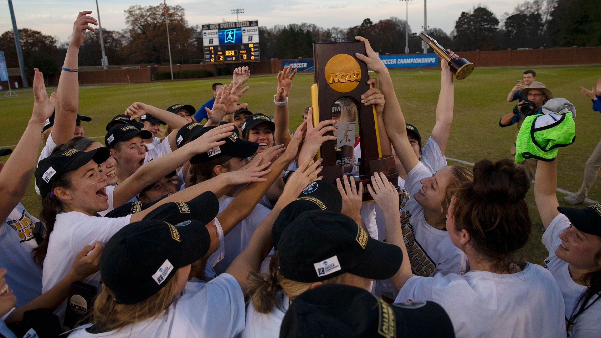 The CNU Women's soccer team lift their national championship trophy