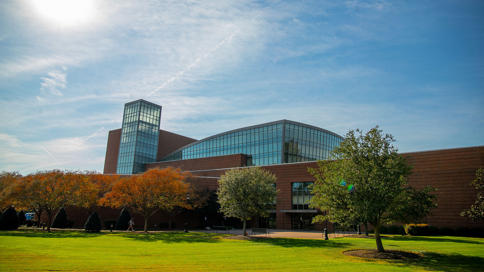 The exterior of the Ferguson Center for the Arts on Christopher Newport University's campus.