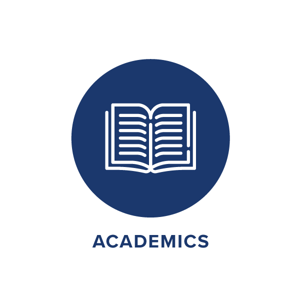 A navy blue circle containing a white line-art icon of an open book, with the word ACADEMICS below.