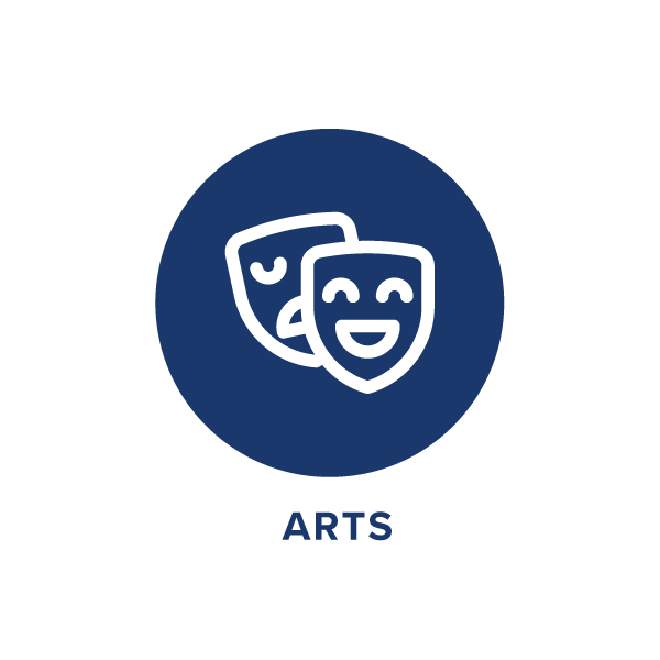 A navy blue circle containing white line-art theater masks (comedy and tragedy), with the word ARTS below.