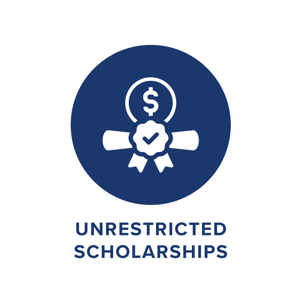 A navy blue circle containing a white solid icon of a certificate with a dollar sign coin, with the words UNRESTRICTED SCHOLARSHIPS below.