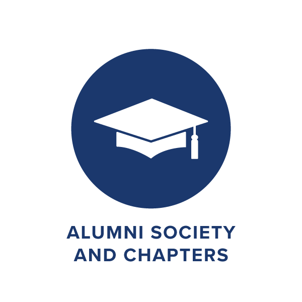 A navy blue circle containing a white solid icon of a graduation cap, with the words ALUMNI SOCIETY AND CHAPTERS below.