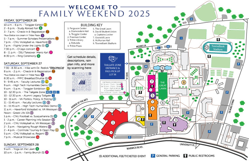 Map with locations and event titles for 2025 Family Weekend