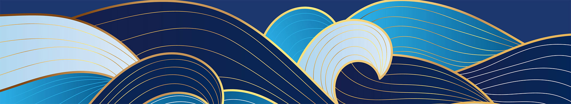 different shades of blue waves outlined in gold