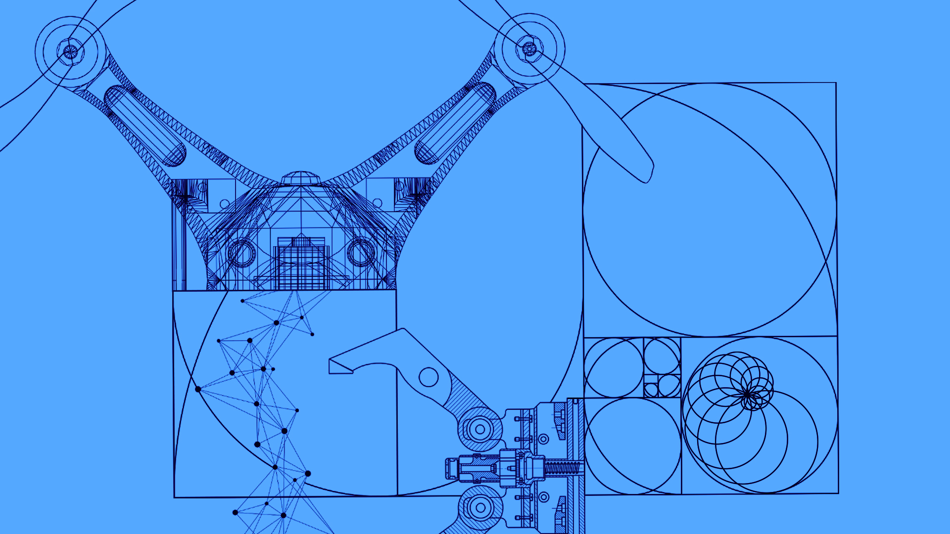 Blue technical blueprint of a drone with architectural line art, geometric circles, and a robotic arm.