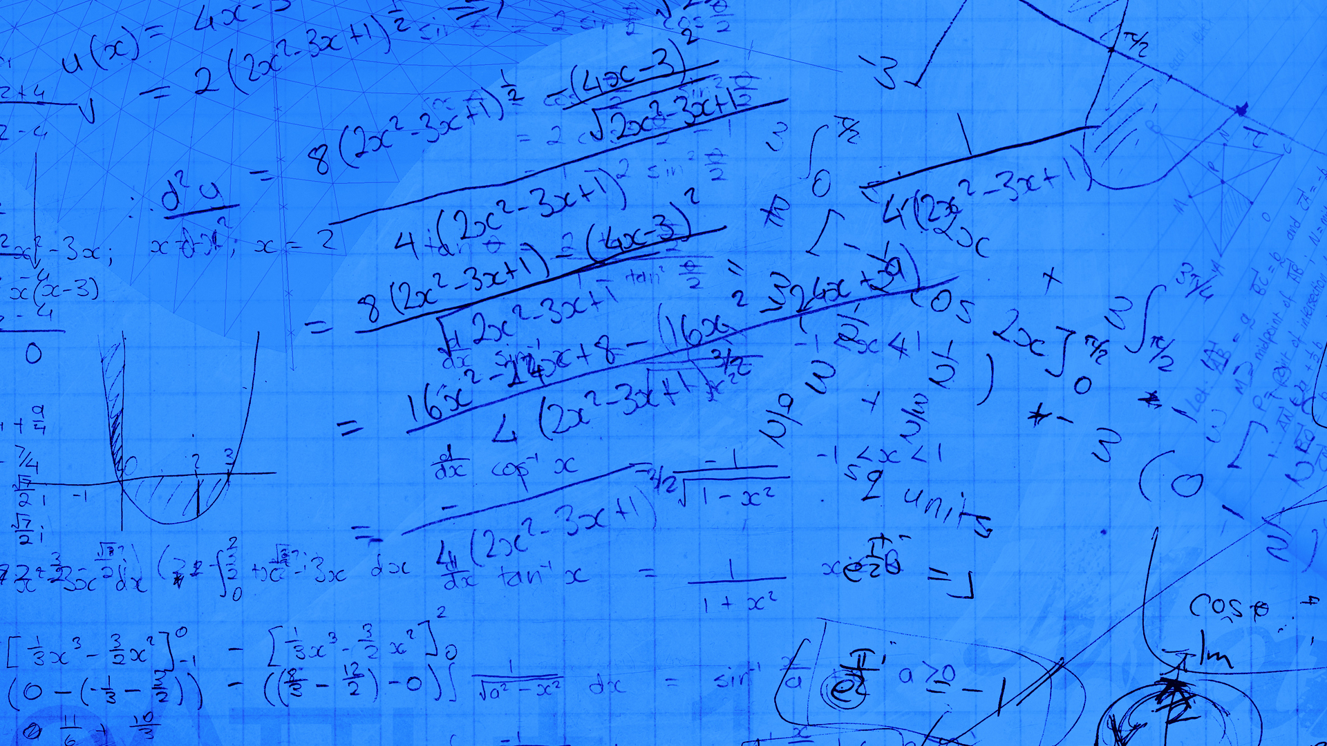 Blue background layered with handwritten mathematical equations, calculus formulas, and geometric graphs.