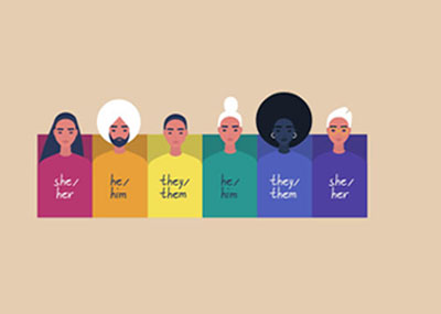Illustration of a diverse group of people with pronouns on their shirts