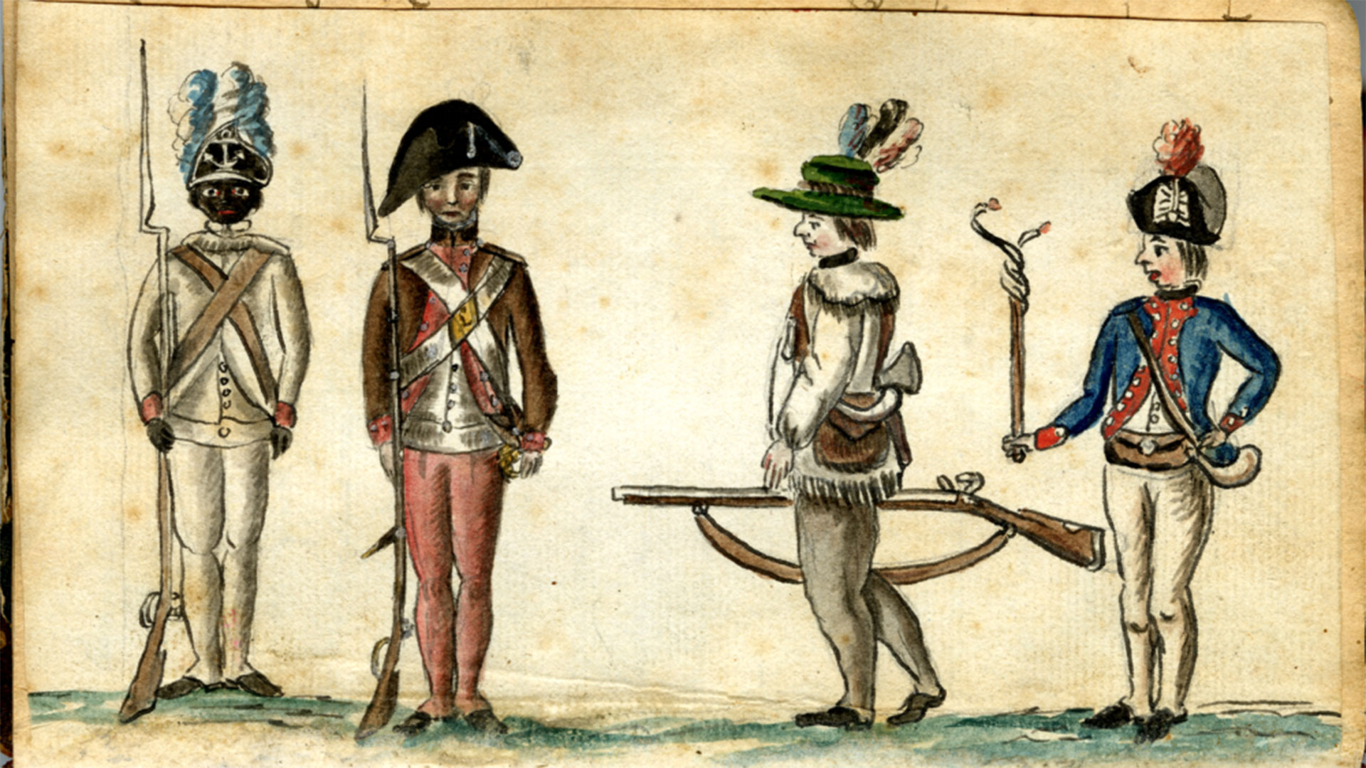 A 1781 watercolor of four diverse Continental soldiers at Yorktown wearing varied uniforms and carrying muskets and gear.