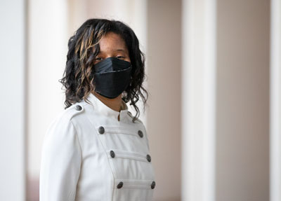 Photo of Kayla Stith in the colonnade of the Ferguson Center for the Arts