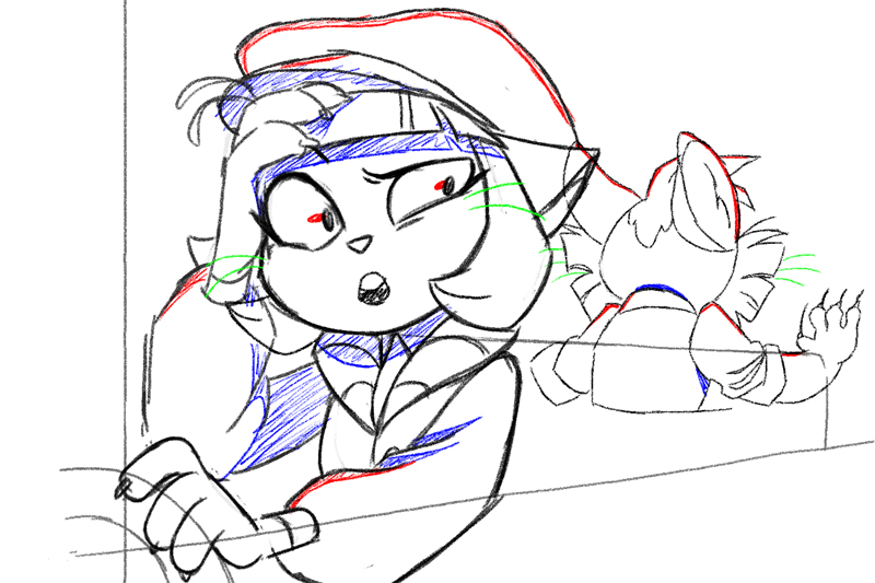 Drawing showing feline character action from Kayla Stith's short film 'Lackadaisy' (image courtesy Kayla Stith)