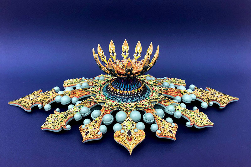 Eric Standley, Verum Object 4, 2021. Laser-cut paper, wood, pins, and 23k gold leaf. 15 x 10 x 4 in. Courtesy of the artist