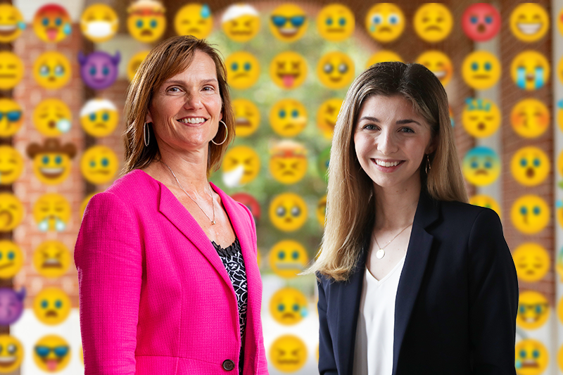 Dean Nicole Guajardo, left and Brooke Nixon '22, right in front of out of focus repeating emojis.