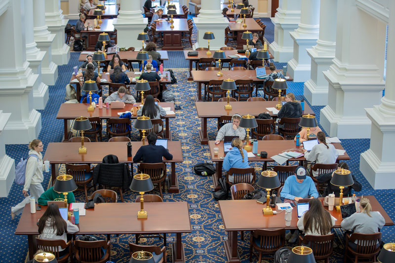 An aerial view of students studying in the library.