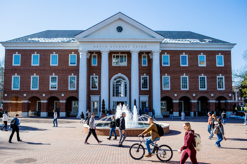 Trible Plaza during a busy day of classes