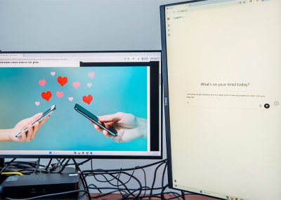 Two computer monitors showing a heart graphic and an AI chat prompt asking for dating advice on how to ask someone out.