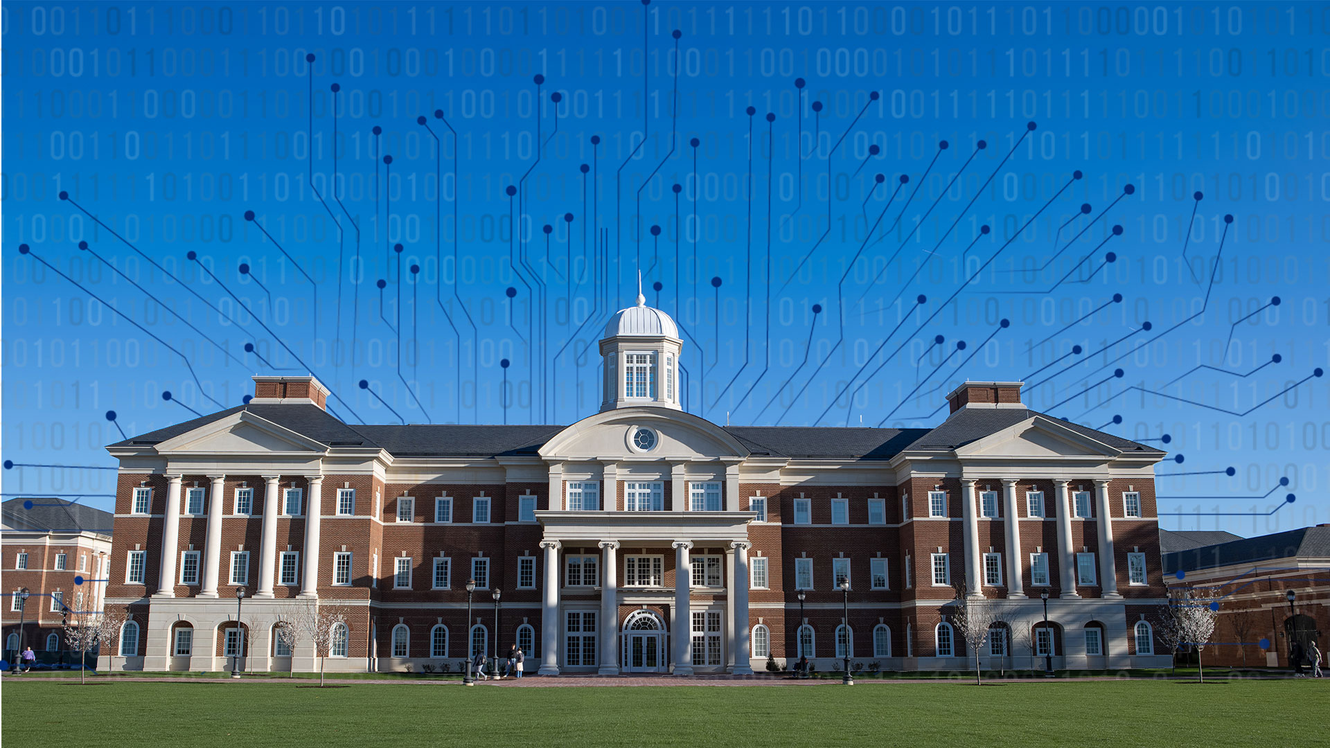The Science Engineering and Research Center building with digital vectors coming out of the building and binary code filling the blue sky.