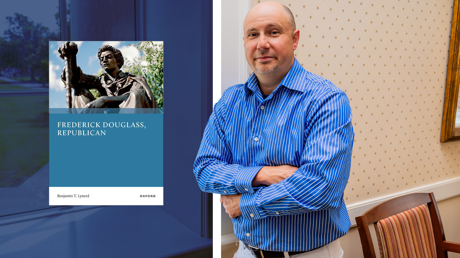 The cover of Prof. Lynderd's latest book, Frederick Douglass, Republican superimposed over an image of Lynerd leaning against a wall in his office.