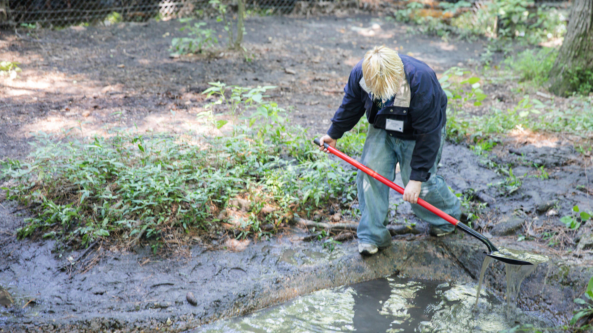 A student works to clean a pond.