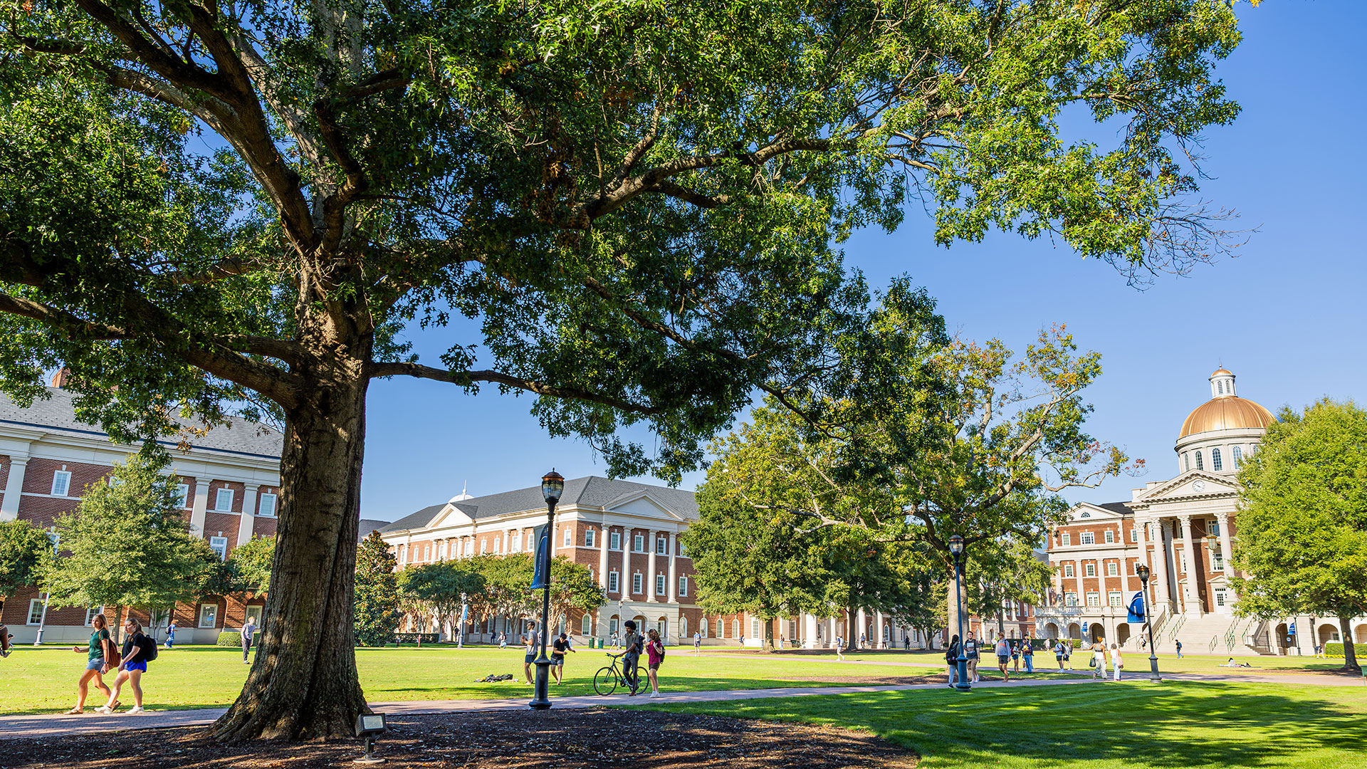 A wide shot of students walking across campus at Christopher Newport University